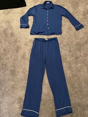 Ekouaer Blue Ribbed Two-Piece Pajama Set, Small